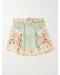 Zimmermann - Daylight Shorts Aus Bedrucktem Leinen Mit Bundfalten, Wellenkanten Und Gürtel - Lyst