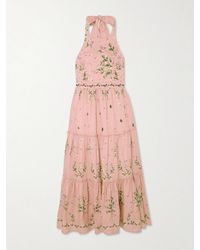 Agua Bendita - Consuelo Wisteria Tiered Embroidered Floral-Print Linen Halterneck Midi Dress - Lyst