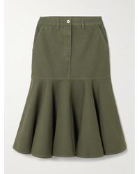 Loewe - Ruffled Leather-Trimmed Cotton-Twill Midi Skirt - Lyst