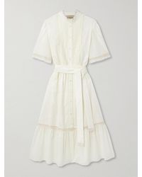 Valentino Garavani - Belted Lace-Trimmed Pintucked Cotton-Poplin Midi Dress - Lyst