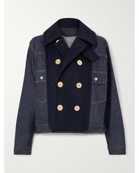 Sacai - Doppelreihige Jeansjacke Mit Wolleinsatz - Lyst