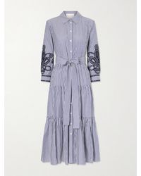 Carolina Herrera - Belted Tiered Embroidered Striped Cotton-Poplin Midi Dress - Lyst