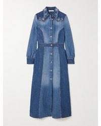 Chloé - Embroidered Two-Tone Cotton And Hemp-Blend Denim Midi Dress - Lyst