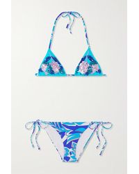 Emilio Pucci Verzierter Triangel-bikini Mit Blumenprint - Blau