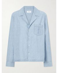 Saint Laurent - Cassandre Logo-Embroidered Piped Cotton-Chambray Shirt - Lyst