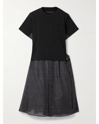 Sacai - Midikleid Aus Baumwoll-Jersey Und Kariertem Voile Mit Gürtel - Lyst