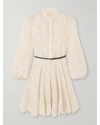 Zimmermann - Ottie Minikleid Aus Besticktem Leinen Mit Besätzen Aus Ramie Und Gürtel Aus Geflochtenem Leder - Lyst