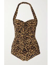 Norma Kamali Bill Mio Neckholder-badeanzug Mit Leopardenprint Und Raffungen - Braun