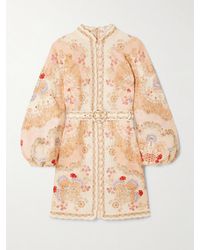 Zimmermann - Daylight Minikleid Aus Bedrucktem Leinen Mit Wellenkanten Und Gürtel - Lyst