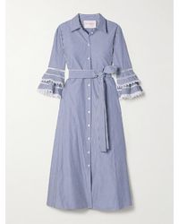 Carolina Herrera - Midi-Hemdblusenkleid Aus Gestreifter Baumwollpopeline Mit Besätzen Aus Guipure-Spitze Und Bindegürtel - Lyst