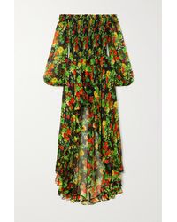 Caroline Constas Ambrossia Off-the-shoulder Asymmetric Floral-print Silk-chiffon Maxi Dress - Green
