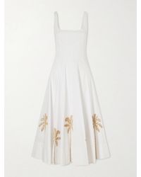STAUD - Wells Pleated Printed Cotton-Blend Poplin Midi Dress - Lyst