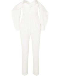 Self-Portrait Off-the-shoulder Ruffled Satin Jumpsuit - White
