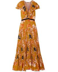 Johanna Ortiz Golden Blossom Gerüschtes Maxikleid Aus Crêpe De Chine Mit Falten Und Samtbesatz - Orange