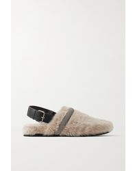 Brunello Cucinelli Bead-embellished Shearling And Leather Clogs - Brown