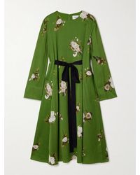 Erdem - Bow-Detailed Floral-Print Plissé-Satin Midi Dress - Lyst