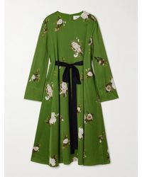Erdem - Midikleid Aus Plissiertem Satin Mit Blumenprint Und Schleife - Lyst