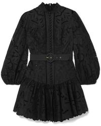Zimmermann Mini-robe En Broderie Anglaise De Lin Et Coton Mélangés À Ceinture Edie - Noir