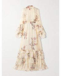 Etro - Robe Longue En Crépon De Soie À Imprimé Fleuri, Col Noué Et Volants - Lyst