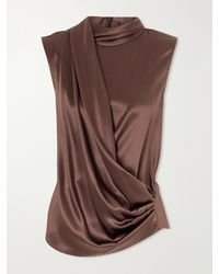 Brunello Cucinelli - Wrap-Effect Sleeveless Draped Silk-Blend Satin Blouse - Lyst