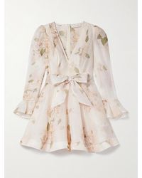 Zimmermann - Mini-Robe En Organza De Lin Et De Soie Mélangés À Imprimé Fleuri Et À Ceinture Balance - Lyst