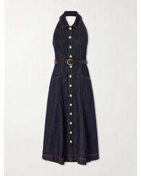 Self-Portrait - Belted Halterneck Denim Midi Dress - Lyst