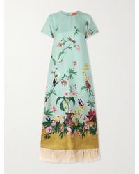 La DoubleJ - Swing Feather-Trimmed Printed Silk-Twill Maxi Dress - Lyst