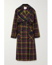 Ralph & Russo Belted Double-breasted Leather-trimmed Checked Wool Coat - Green