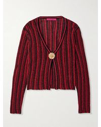 The Elder Statesman - Appliquéd Raffia-Trimmed Striped Open-Knit Cotton Cardigan - Lyst