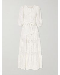 Loretta Caponi - Poppi Belted Tiered Lace-Trimmed Broderie Anglaise Cotton Maxi Dress - Lyst