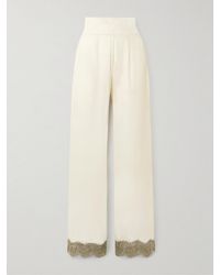 Loretta Caponi - Ada Embroidered Tulle-Trimmed Velvet Straight-Leg Pants - Lyst