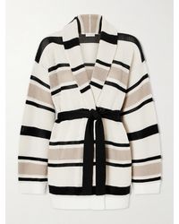 Brunello Cucinelli - Belted Open-Knit Striped Cotton Cardigan - Lyst