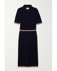 Thom Browne Striped Cable-knit Pleated Cotton Midi Dress - Blue