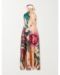 Johanna Ortiz - Appliquéd Printed Leather-Trimmed Linen-Blend Halterneck Maxi Dress - Lyst
