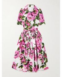 Dolce & Gabbana - Belted Pleated Floral-Print Cotton-Poplin Midi Shirt Dress - Lyst
