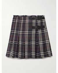 Burberry - Leather-Trimmed Pleated Checked Wool Mini Skirt - Lyst