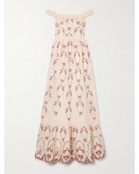 Agua Bendita - Off-The-Shoulder Shirred Tiered Embroidered Linen Maxi Dress - Lyst