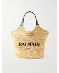 Balmain - Cabas Mini Leather-Trimmed Raffia Shoulder Bag - Lyst