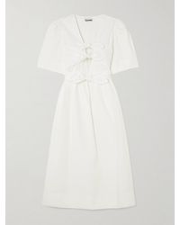 Ganni - Midikleid Aus Popeline Aus Einer Baumwollmischung Mit Bindegürtel, Schleifen Und Raffungen - Lyst