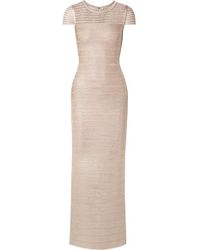 Hervé Léger Tulle-trimmed Metallic Bandage Gown