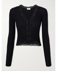 Saint Laurent - Ribbed Lace-Trimmed Ribbed Wool, Cashmere And Silk-Blend Cardigan - Lyst