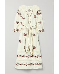 The Great The Prairieland Belted Embroidered Cotton And Linen-blend Midi Dress - White