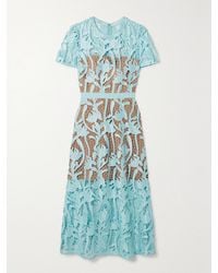 Self-Portrait - Grosgrain-Trimmed Embroidered Satin And Guipure Lace Midi Dress - Lyst