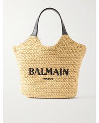 Balmain - Cabas Mini Leather-Trimmed Raffia Shoulder Bag - Lyst