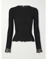 Saint Laurent - Lace-Trimmed Ribbed-Knit Silk T-Shirt - Lyst