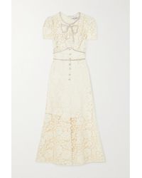 Self-Portrait - Midi Dress In Floral Lace With Crystal Bow - Lyst