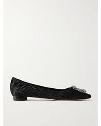Manolo Blahnik - Hangisi Crystal-Embellished Pleated Satin Point-Toe Flats - Lyst
