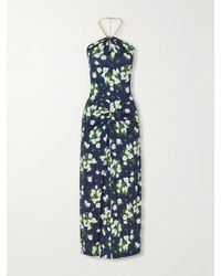 Carolina Herrera - Floral-Print Embellished Satin Halterneck Midi Dress - Lyst