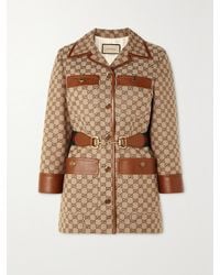 Gucci - Jacke Aus Canvas Aus Einer Baumwollmischung Mit Jacquard-Muster, Lederbesätzen Und Gürtel - Lyst