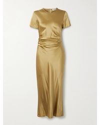 STAUD - Marcel Ruched Stretch-Silk Charmeuse Midi Dress - Lyst